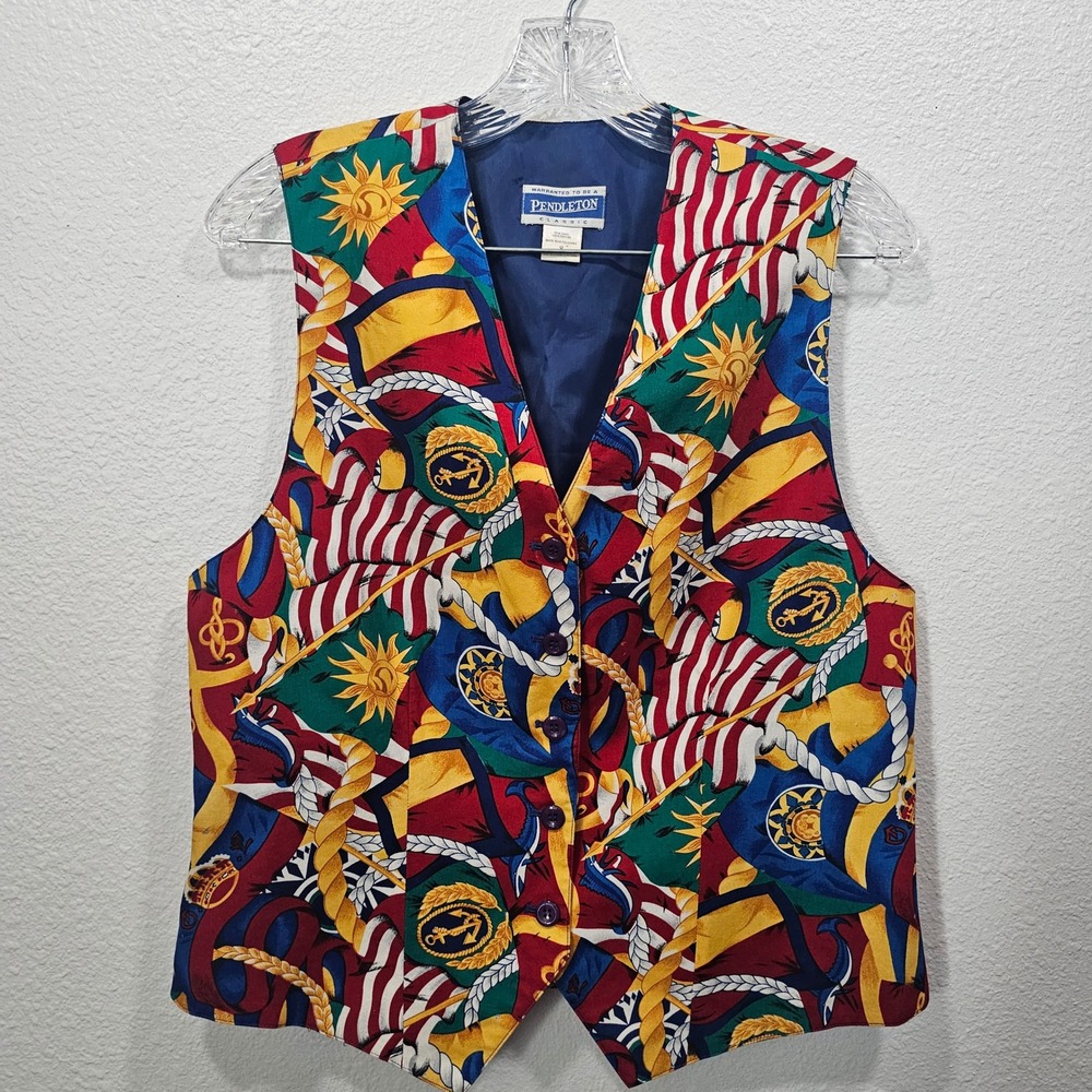 Pendleton Classic Women Size 8 Nautical Flag Anchor Button Front Cinch Back Vest